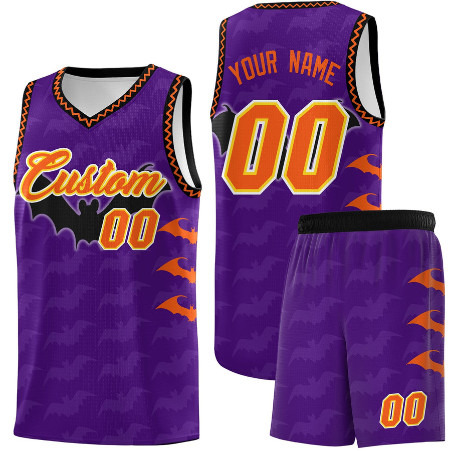 Custom Purple Orange Bat Pattern Halloween Basketball Jersey | BuyFootballJersey