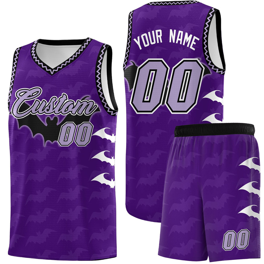 Custom Purple Light Purple Bat Pattern Halloween Basketball Jersey | BuyFootballJersey