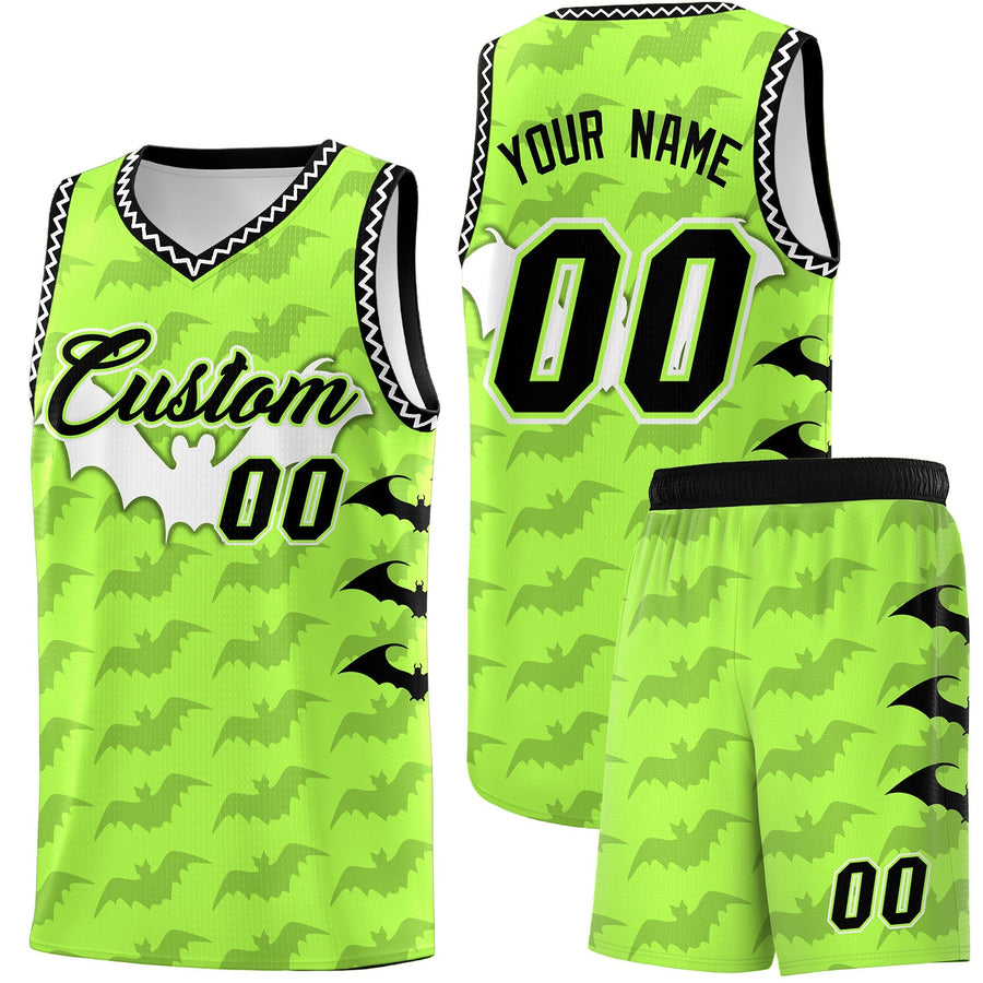 Custom Fluorescent Green White Bat Pattern Halloween Basketball Jersey | BuyFootballJersey