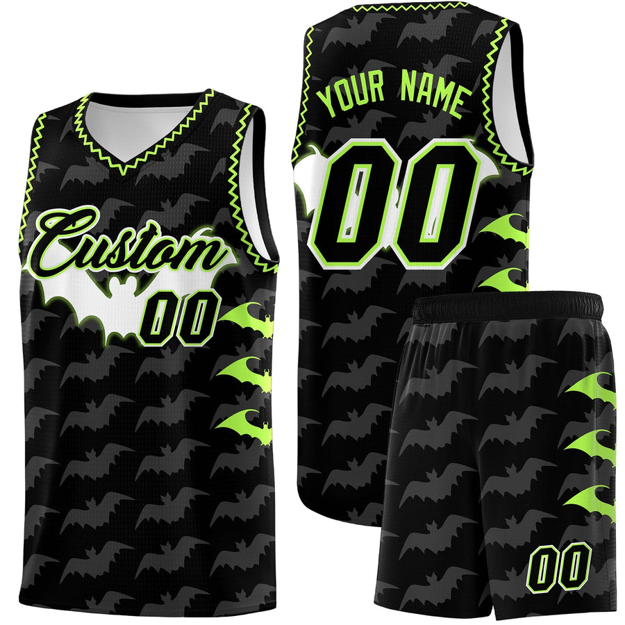 Custom Black Fluorescent Green Bat Pattern Halloween Basketball Jersey | BuyFootballJersey