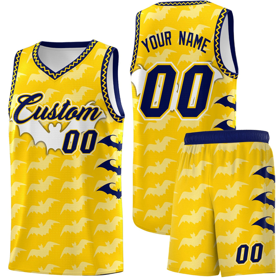 Custom Gold White Navy Bat Pattern Halloween Basketball Jersey | BuyFootballJersey