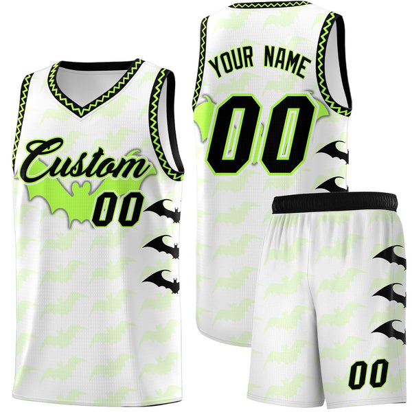 Custom White Fluorescent Green Black Bat Pattern Halloween Basketball Jersey | BuyFootballJersey