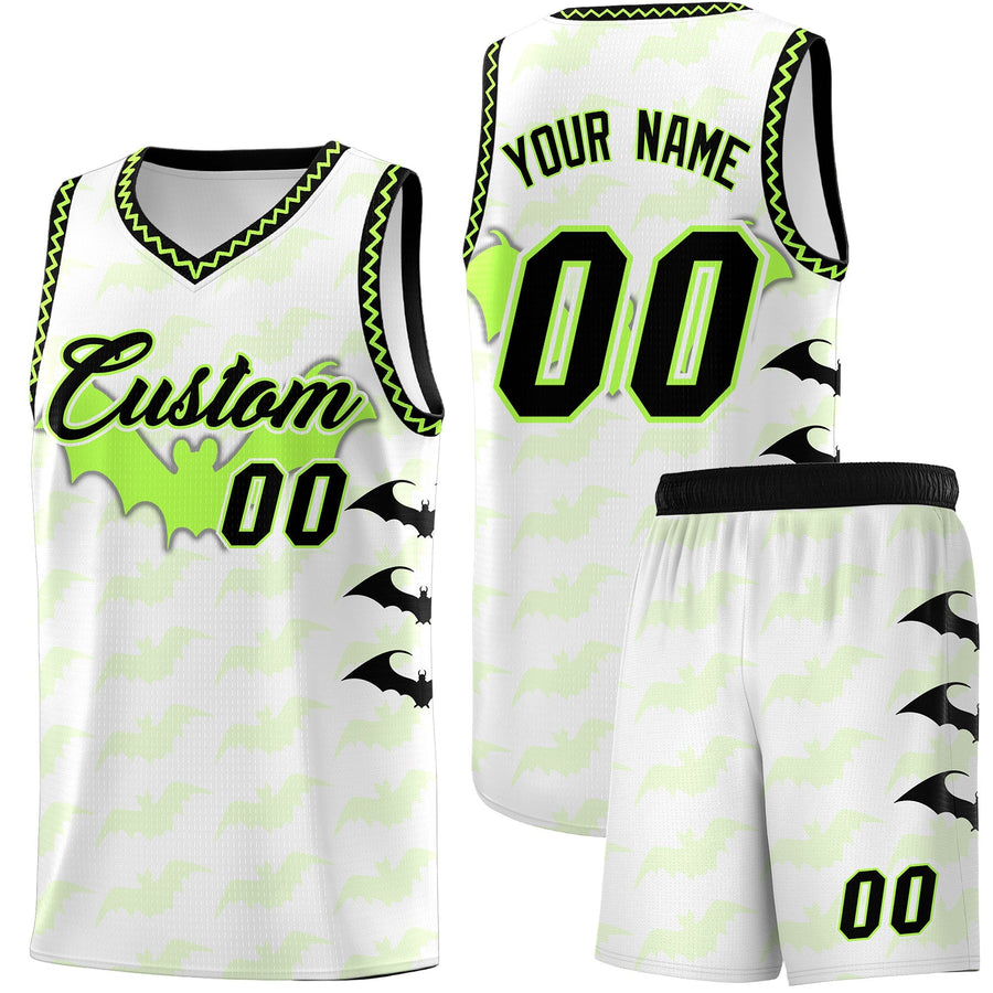 Custom White Fluorescent Green Black Bat Pattern Halloween Basketball Jersey | BuyFootballJersey