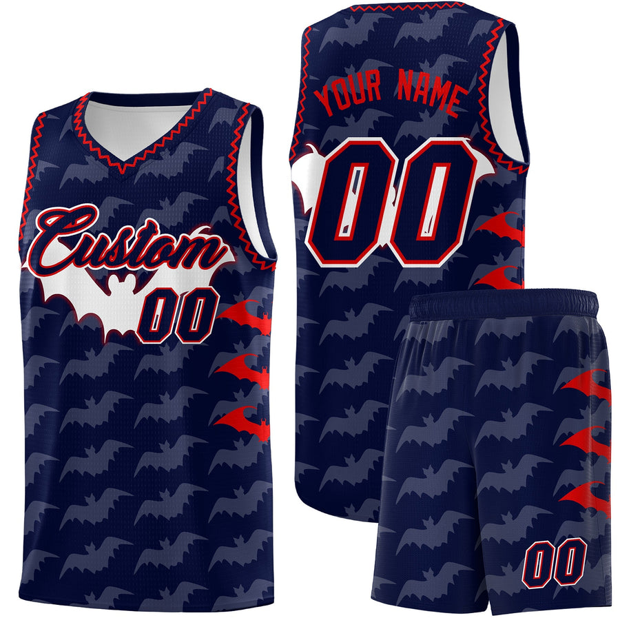 Custom Navy Red Bat Pattern Halloween Basketball Jersey | BuyFootballJersey