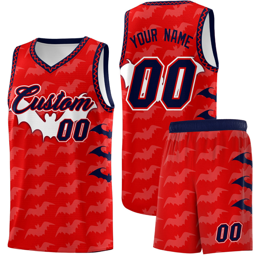 Custom Red White Navy Bat Pattern Halloween Basketball Jersey | BuyFootballJersey