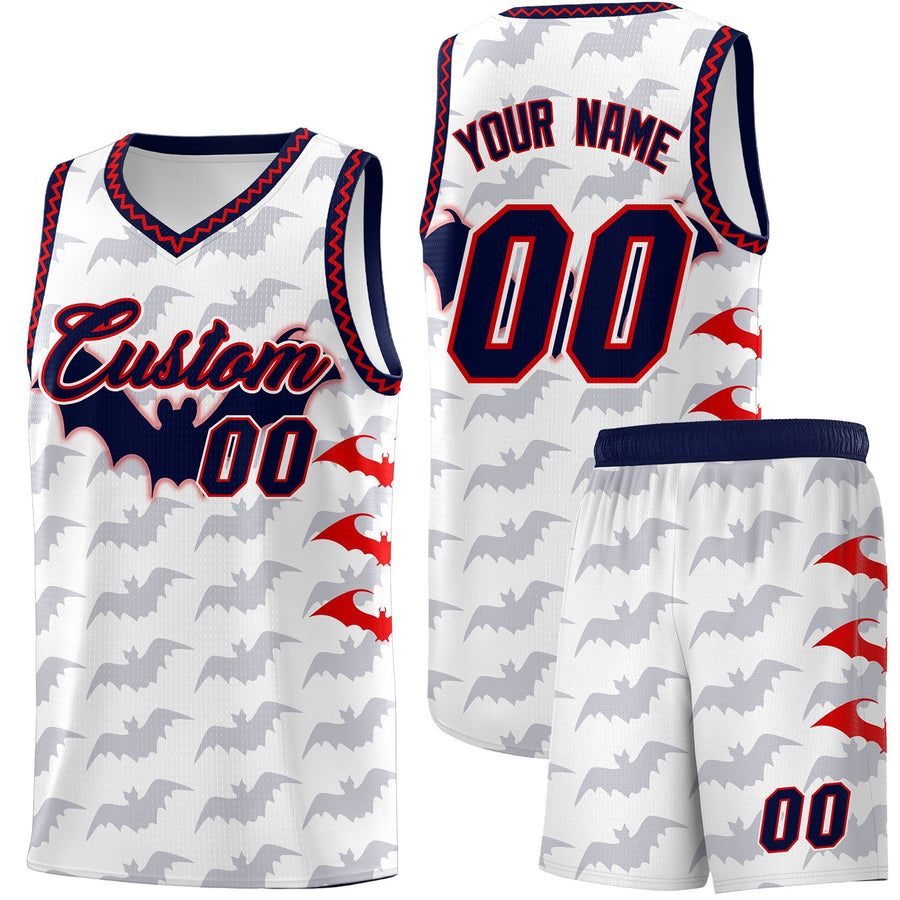 Custom White Red Navy Bat Pattern Halloween Basketball Jersey | BuyFootballJersey