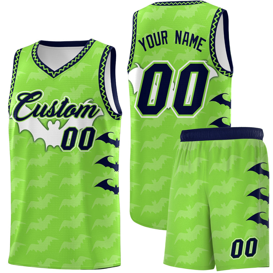 Custom Fluorescent Green Bat Pattern Halloween Basketball Jersey | BuyFootballJersey