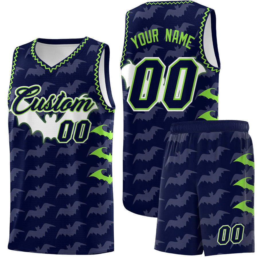 Custom Navy Fluorescent Green Bat Pattern Halloween Basketball Jersey | BuyFootballJersey