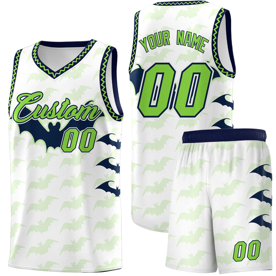 Custom White Fluorescent Green Navy Bat Pattern Halloween Basketball Jersey | BuyFootballJersey