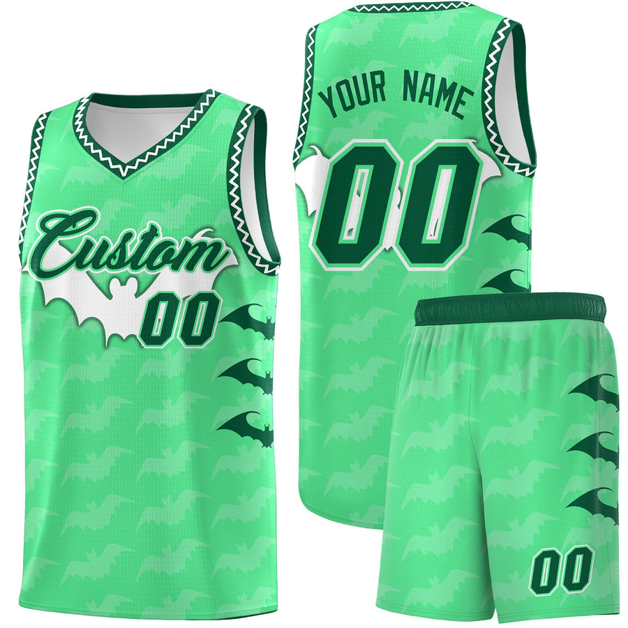 Custom Green White Bat Pattern Halloween Basketball Jersey | BuyFootballJersey