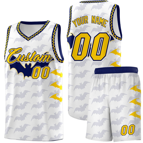 Custom White Gold Navy Bat Pattern Halloween Basketball Jersey | BuyFootballJersey