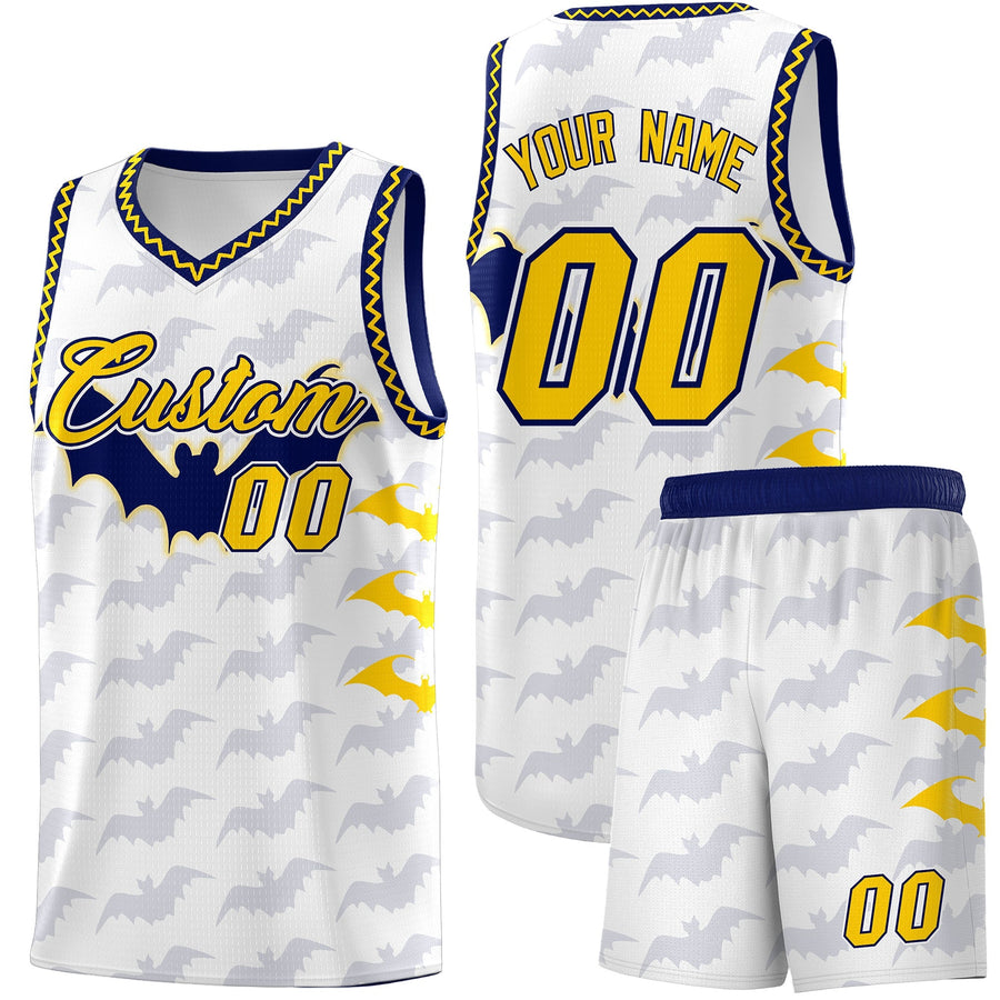 Custom White Gold Navy Bat Pattern Halloween Basketball Jersey | BuyFootballJersey