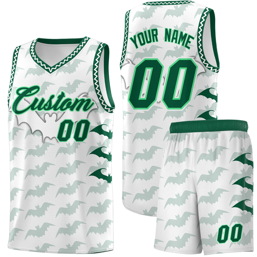 Custom White Kelly Green Bat Pattern Halloween Basketball Jersey | BuyFootballJersey