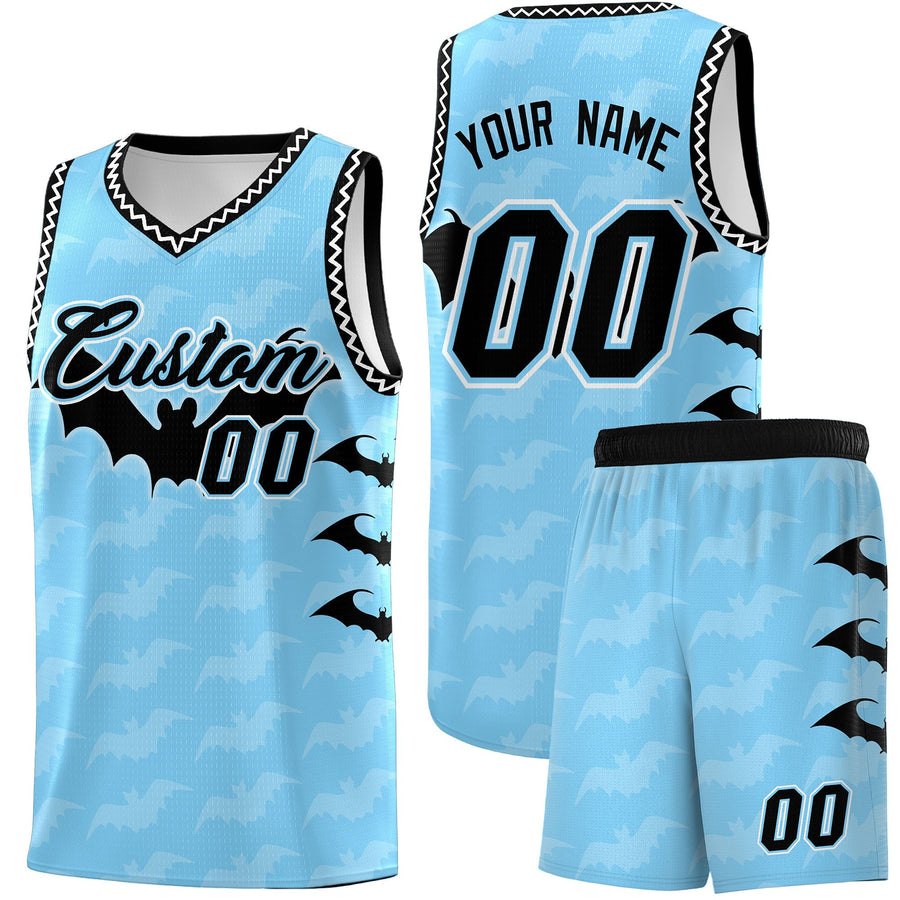 Custom Light Blue White Black Bat Pattern Halloween Basketball Jersey | BuyFootballJersey