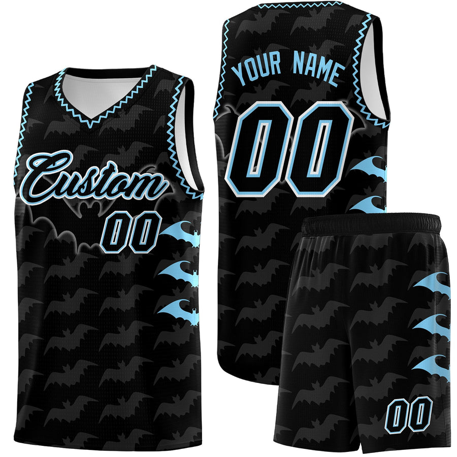 Custom Black Light Blue Bat Pattern Halloween Basketball Jersey | BuyFootballJersey