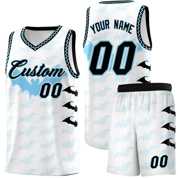 Custom White Light Blue Bat Pattern Halloween Basketball Jersey | BuyFootballJersey