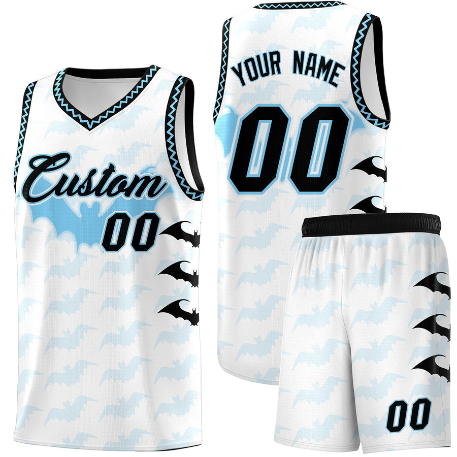 Custom White Light Blue Bat Pattern Halloween Basketball Jersey | BuyFootballJersey