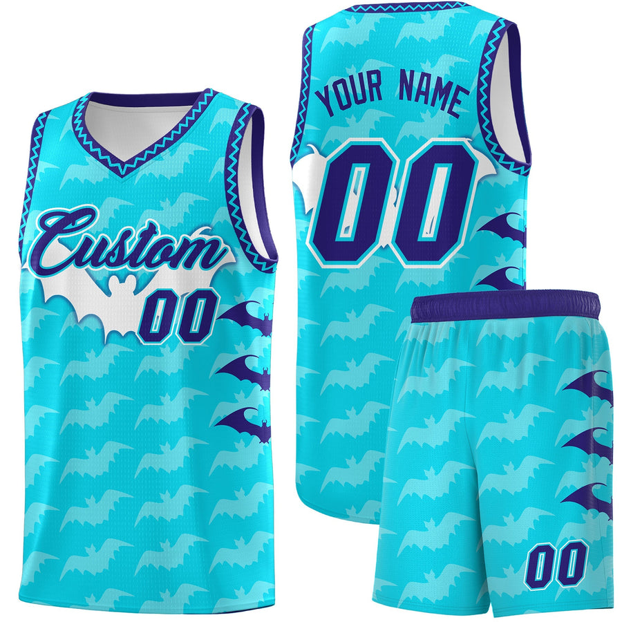 Custom Sky Blue Bat Pattern Halloween Basketball Jersey | BuyFootballJersey