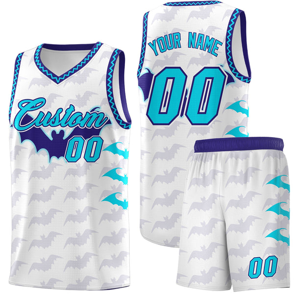 Custom White Sky Blue Bat Pattern Halloween Basketball Jersey | BuyFootballJersey