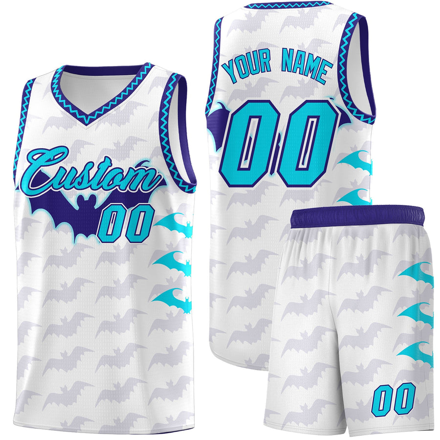 Custom White Sky Blue Bat Pattern Halloween Basketball Jersey | BuyFootballJersey