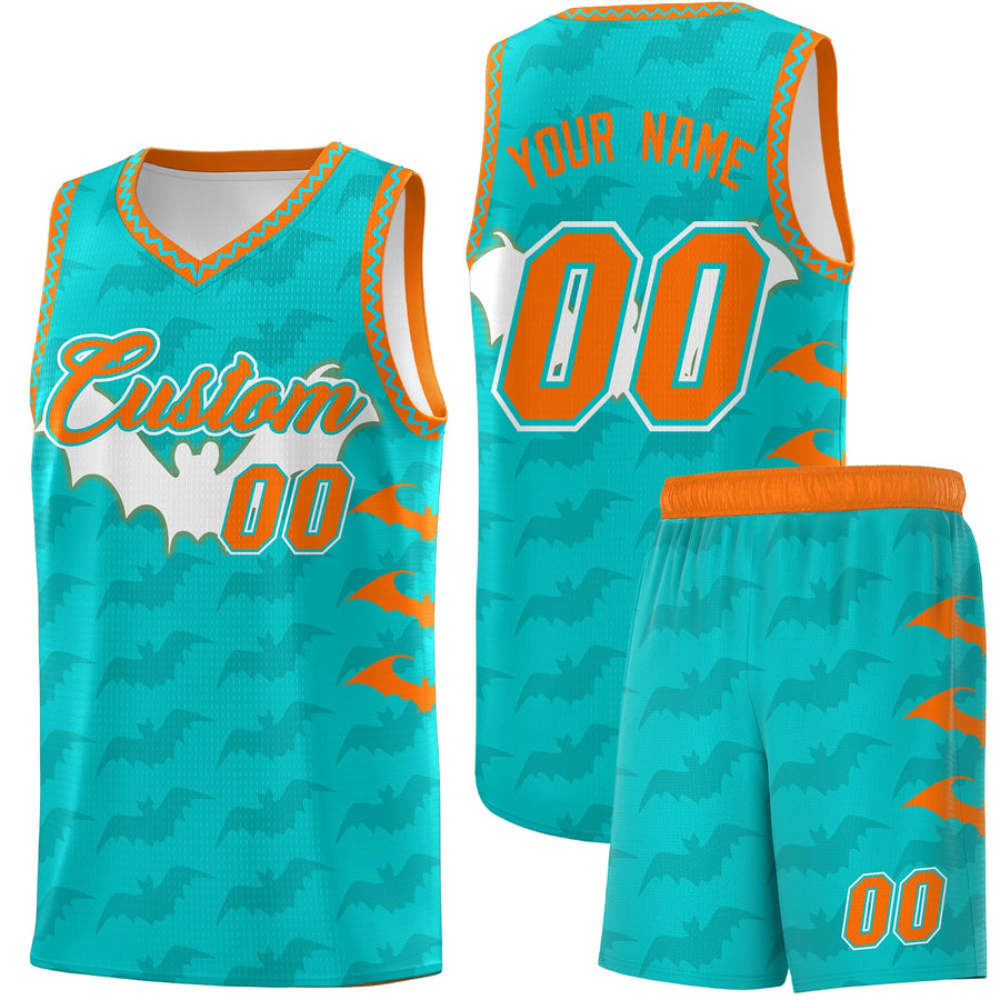 Custom Aqua Orange Bat Pattern Halloween Basketball Jersey | BuyFootballJersey