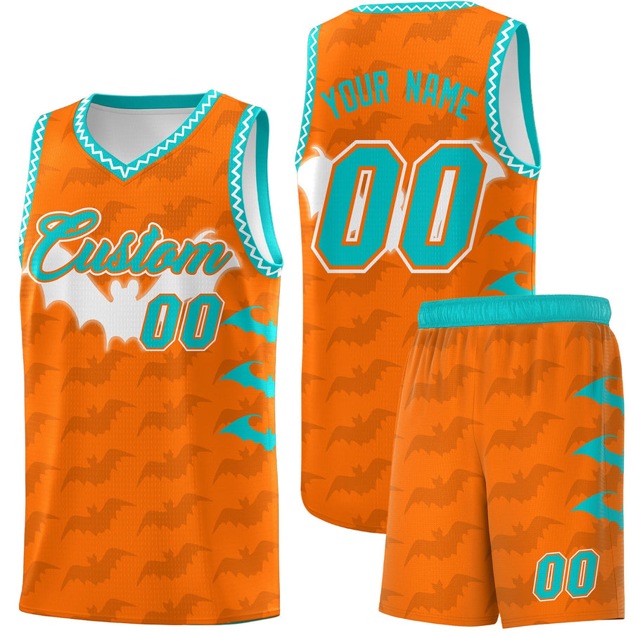 Custom Orange Aqua Bat Pattern Halloween Basketball Jersey | BuyFootballJersey