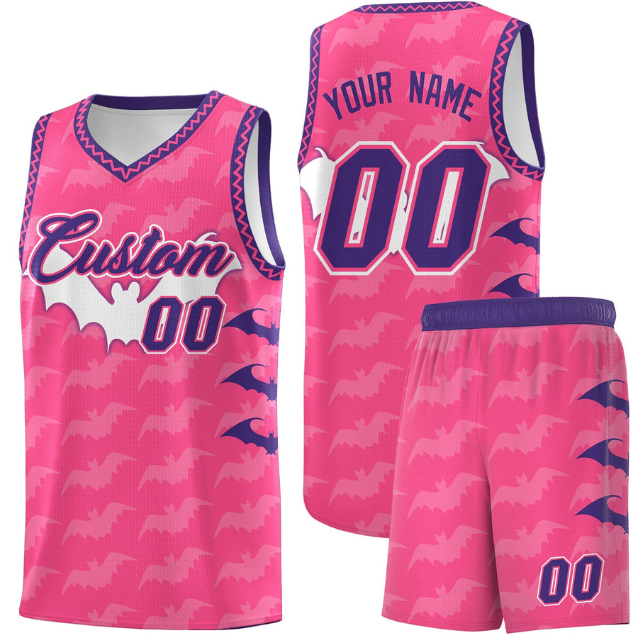 Custom Pink Purple Bat Pattern Halloween Basketball Jersey | BuyFootballJersey