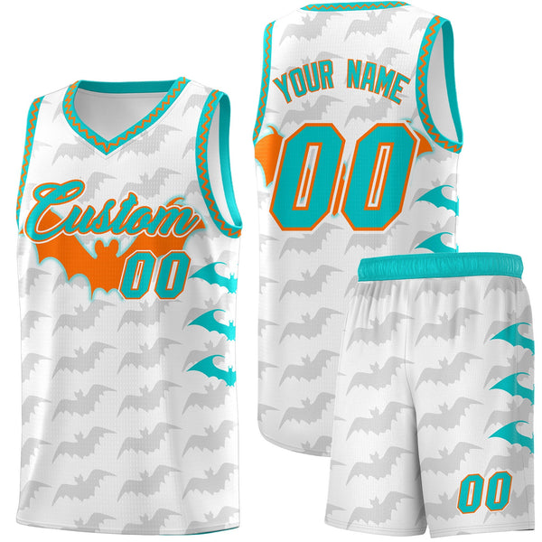 Custom White Orange Aqua Bat Pattern Halloween Basketball Jersey | BuyFootballJersey