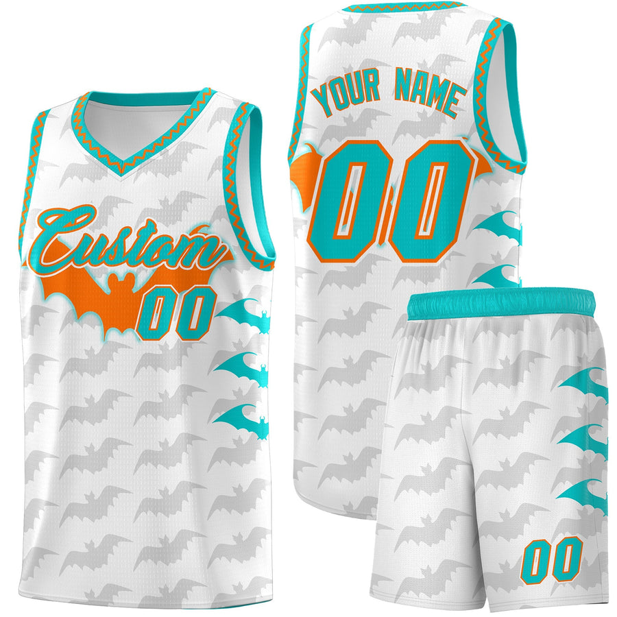 Custom White Orange Aqua Bat Pattern Halloween Basketball Jersey | BuyFootballJersey
