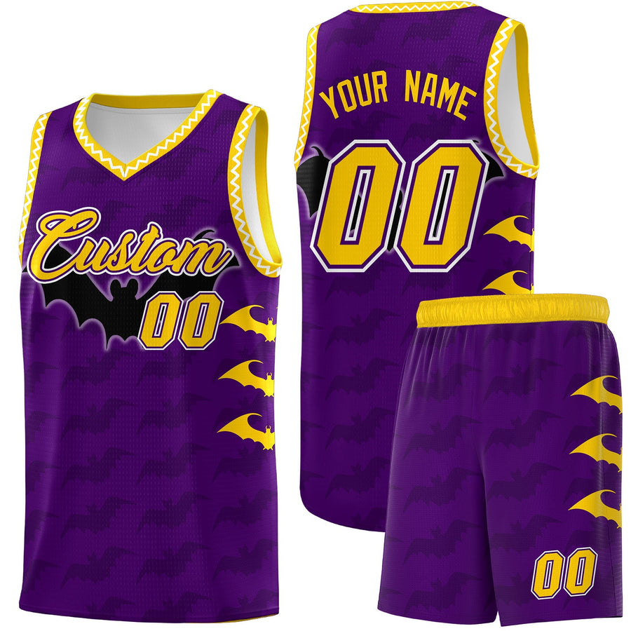 Custom Purple Gold White Bat Pattern Halloween Basketball Jersey | BuyFootballJersey