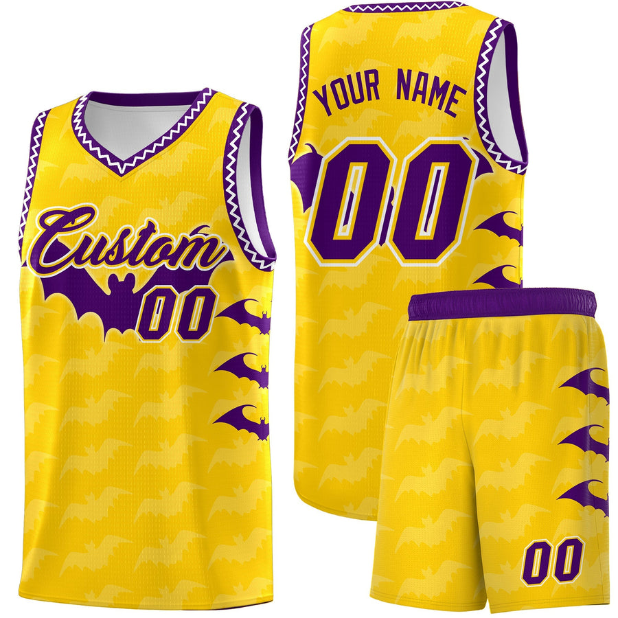 Custom Gold White Purple Bat Pattern Halloween Basketball Jersey | BuyFootballJersey