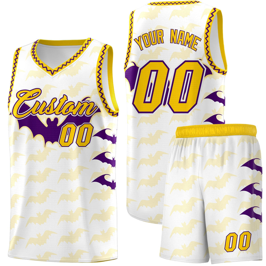 Custom White Purple Gold Bat Pattern Halloween Basketball Jersey | BuyFootballJersey
