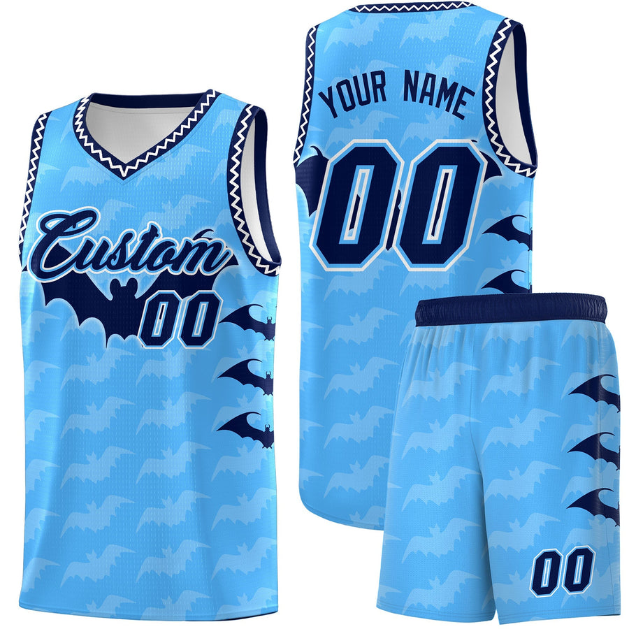Custom Powder Blue White Bat Pattern Halloween Basketball Jersey | BuyFootballJersey