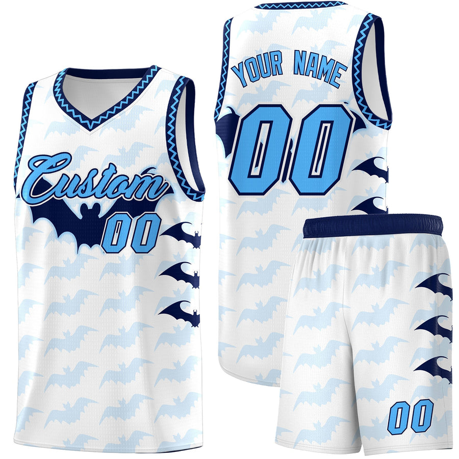 Custom White Powder Blue Bat Pattern Halloween Basketball Jersey | BuyFootballJersey