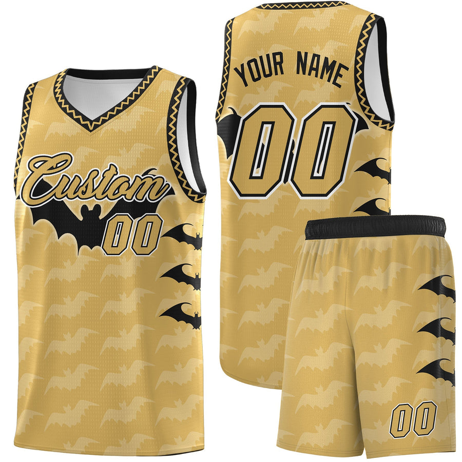 Custom Old Gold Black White Bat Pattern Halloween Basketball Jersey | BuyFootballJersey