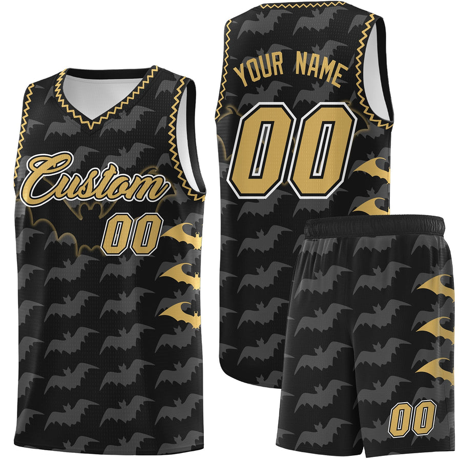 Custom Black Old Gold White Bat Pattern Halloween Basketball Jersey | BuyFootballJersey