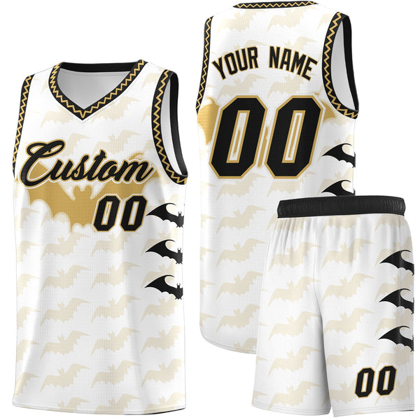 Custom White Old Gold Bat Pattern Halloween Basketball Jersey | BuyFootballJersey