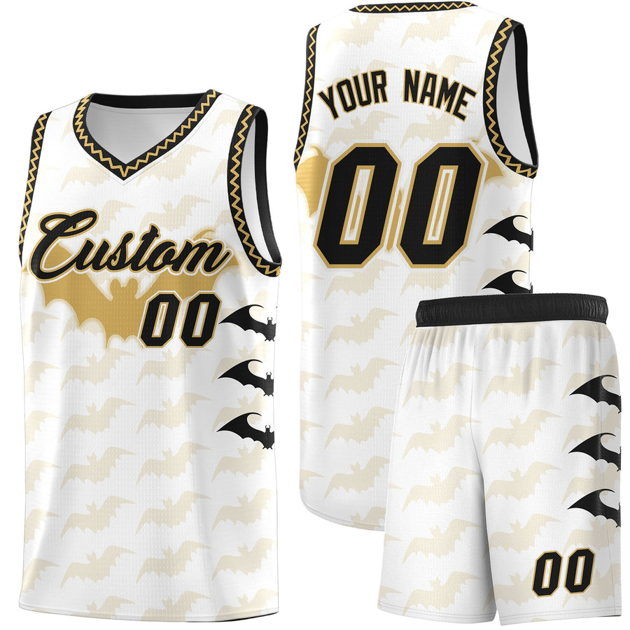 Custom White Old Gold Bat Pattern Halloween Basketball Jersey | BuyFootballJersey
