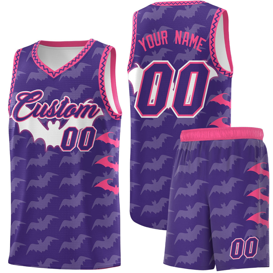 Custom Purple White Pink Bat Pattern Halloween Basketball Jersey | BuyFootballJersey