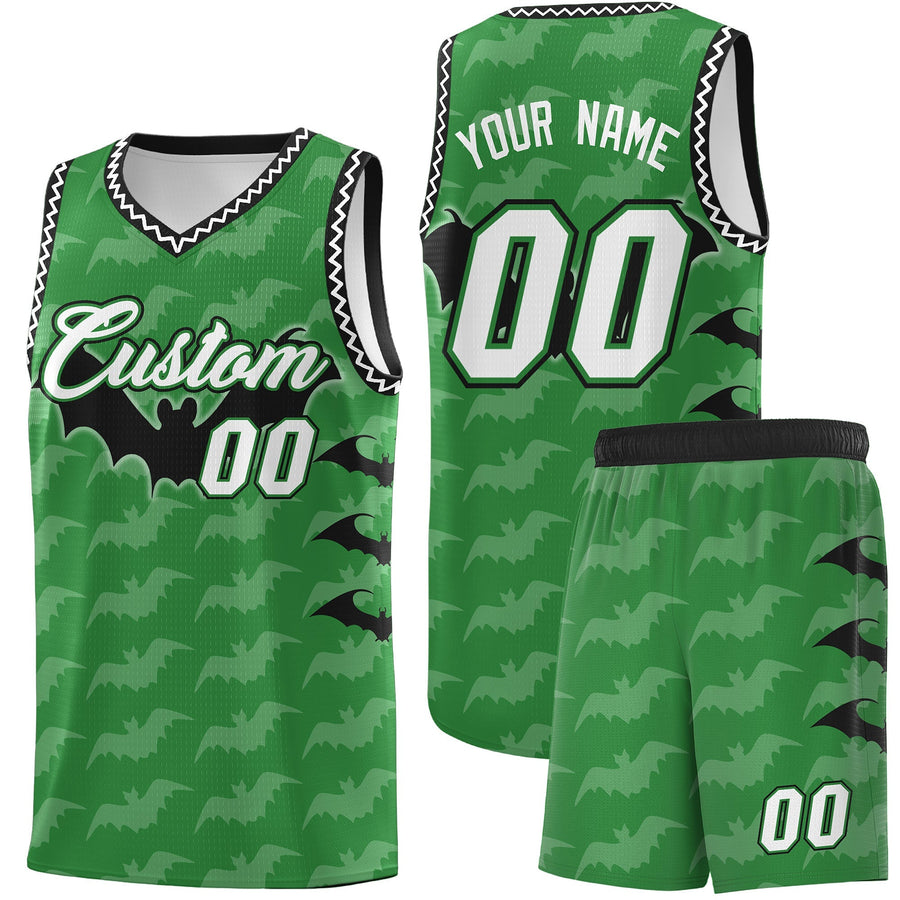 Custom Kelly Green White Black Bat Pattern Halloween Basketball Jersey | BuyFootballJersey