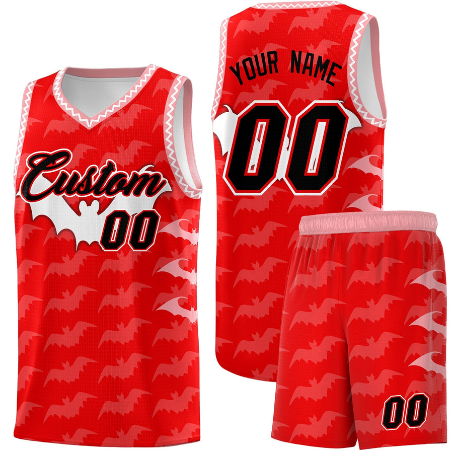 Custom Light Red White Bat Pattern Halloween Basketball Jersey | BuyFootballJersey