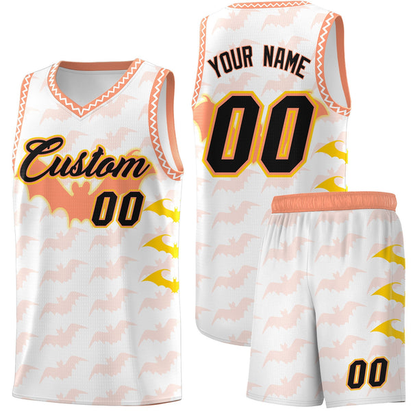 Custom White Gold Light Orange Bat Pattern Halloween Basketball Jersey | BuyFootballJersey