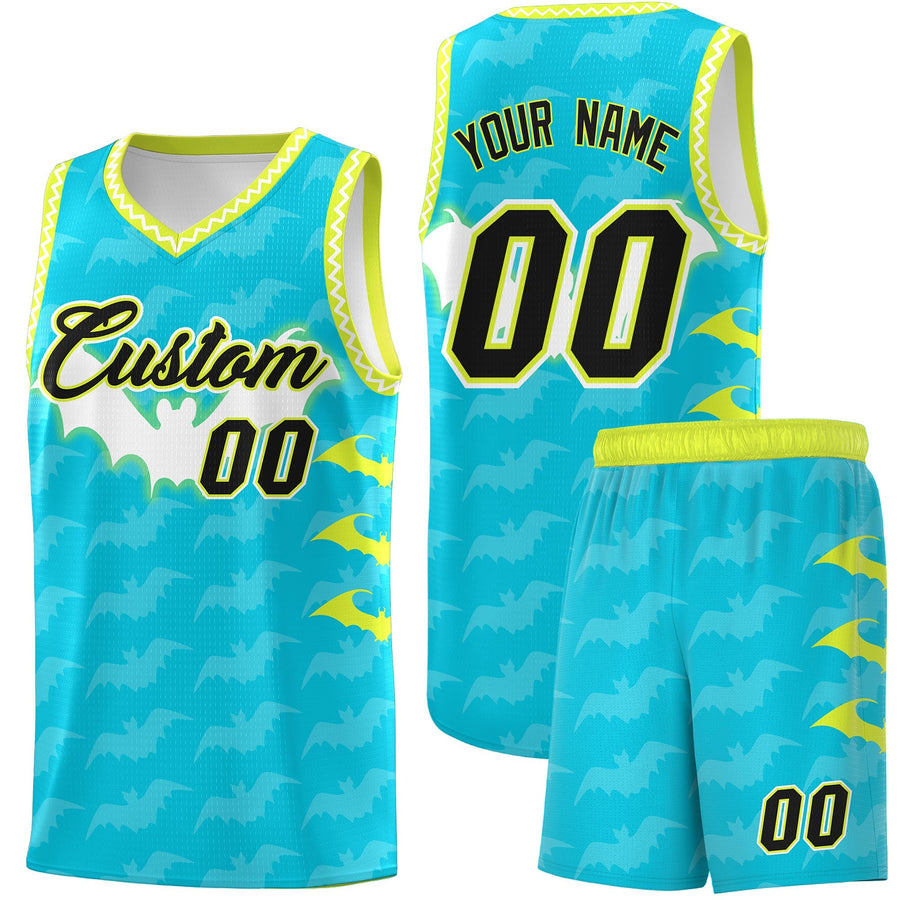 Custom Sky Blue White Bat Pattern Halloween Basketball Jersey | BuyFootballJersey