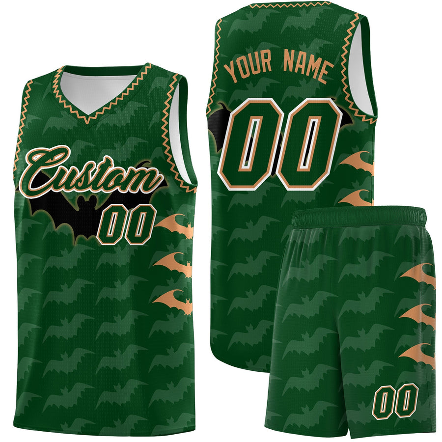 Custom Green Buckskin Brown Bat Pattern Halloween Basketball Jersey | BuyFootballJersey