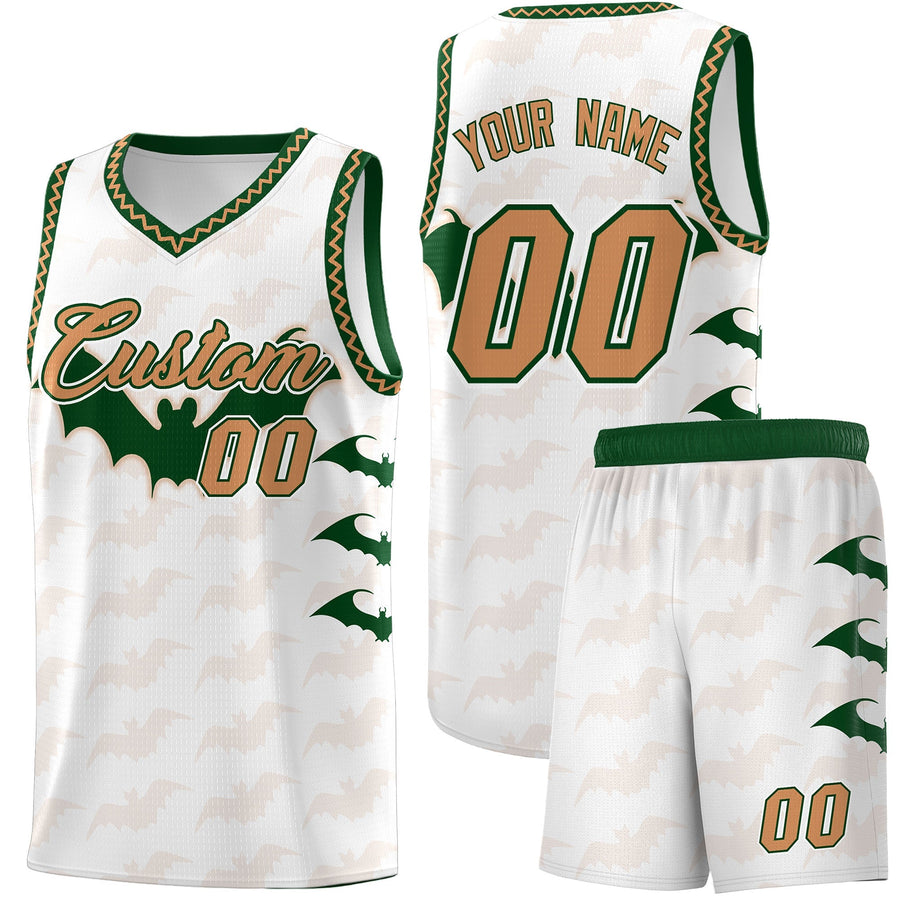 Custom White Buckskin Brown Bat Pattern Halloween Basketball Jersey | BuyFootballJersey