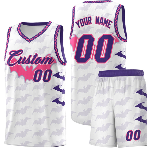 Custom White Pink Purple Bat Pattern Halloween Basketball Jersey | BuyFootballJersey