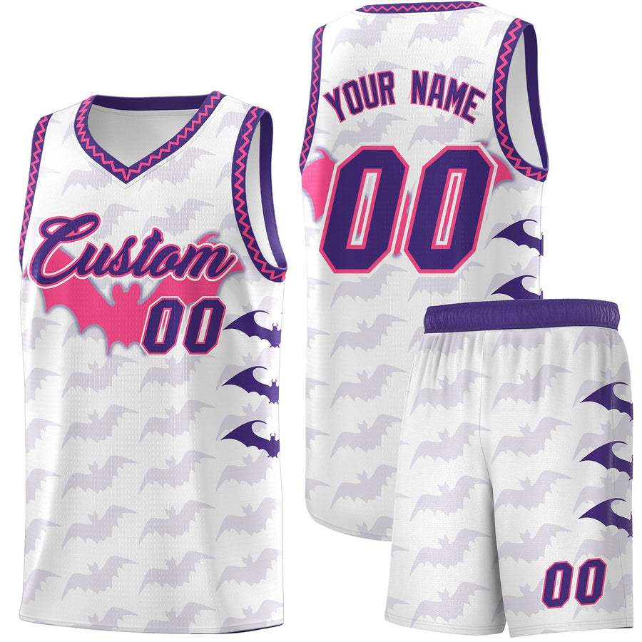 Custom White Pink Purple Bat Pattern Halloween Basketball Jersey | BuyFootballJersey