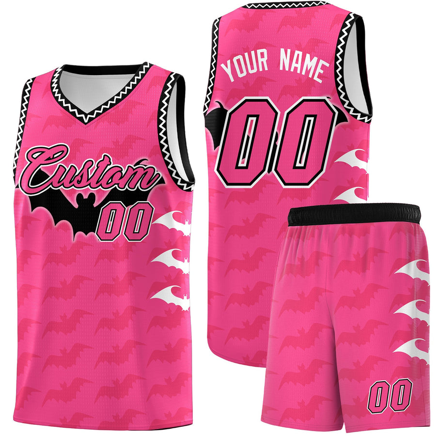 Custom Pink Black White Bat Pattern Halloween Basketball Jersey | BuyFootballJersey