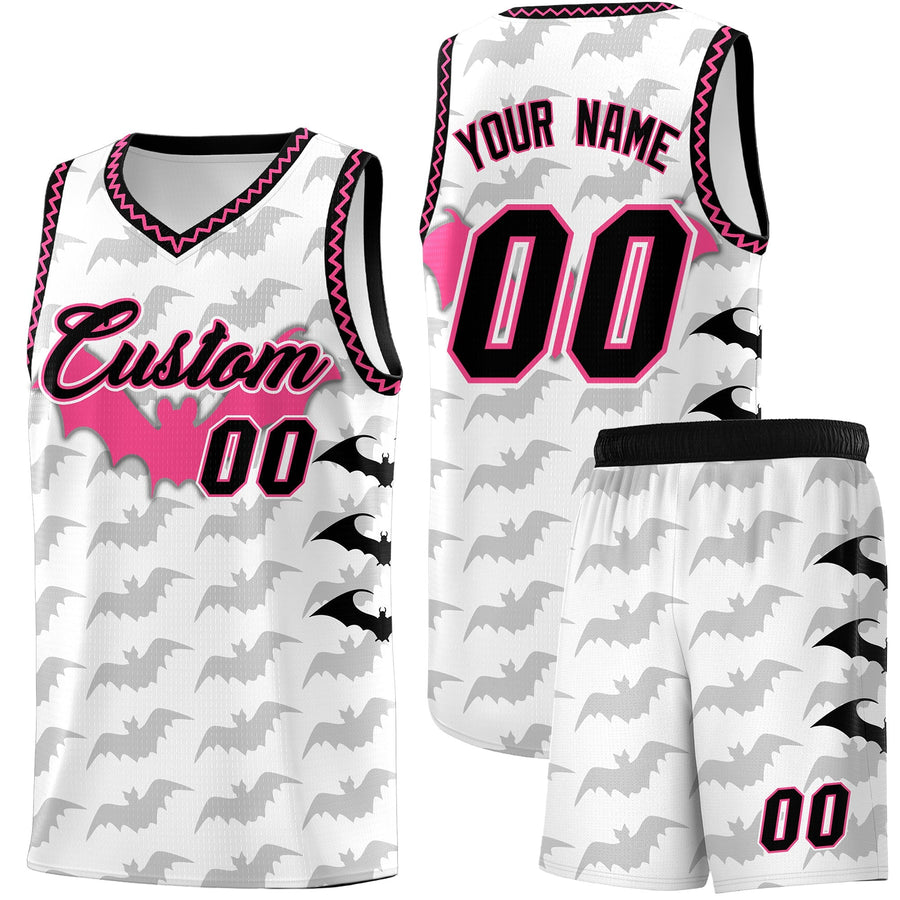 Custom White Black Pink Bat Pattern Halloween Basketball Jersey | BuyFootballJersey