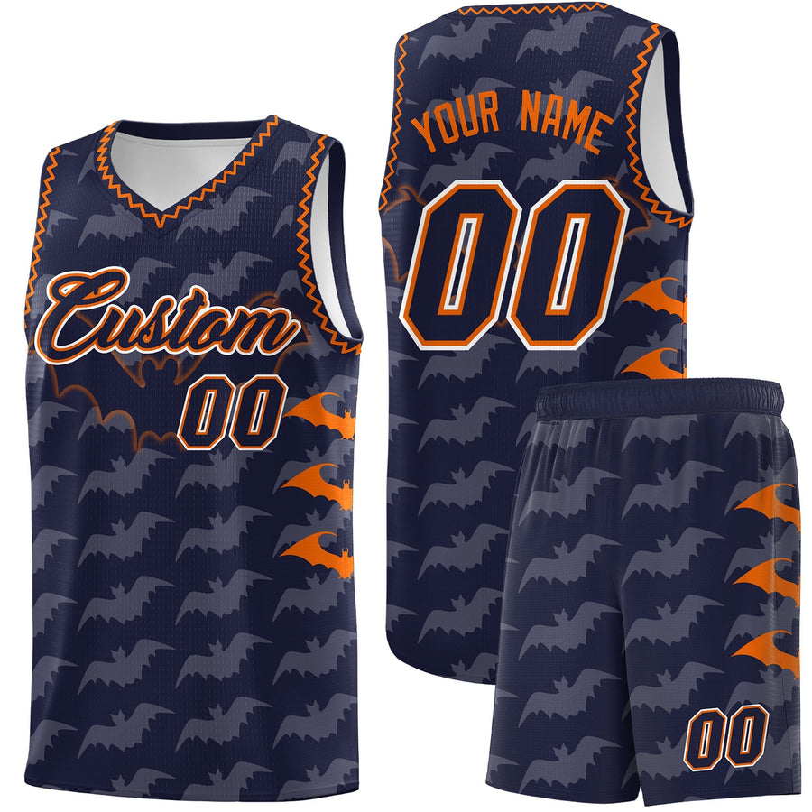 Custom Navy Orange Bat Pattern Halloween Basketball Jersey | BuyFootballJersey